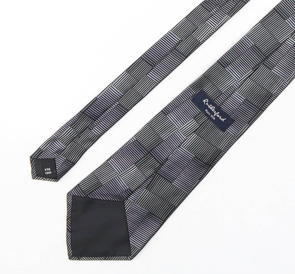 Back view of Rutherford men’s grey geometric silk pointed tie one size