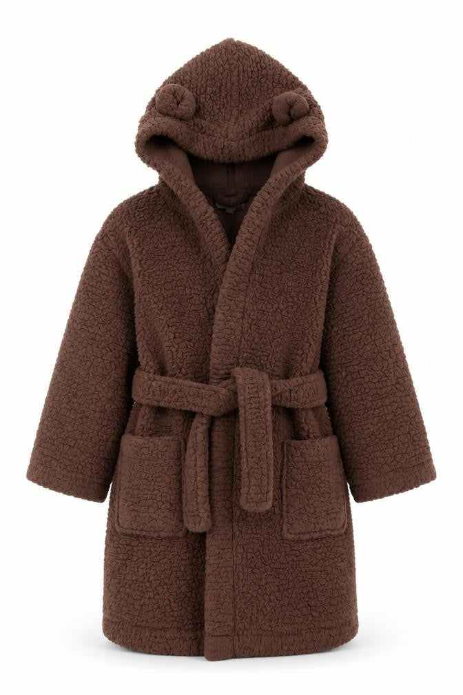 Front view of Bluezoo boys’ brown polyester robe, size 3-4, years tie - ears on hood
