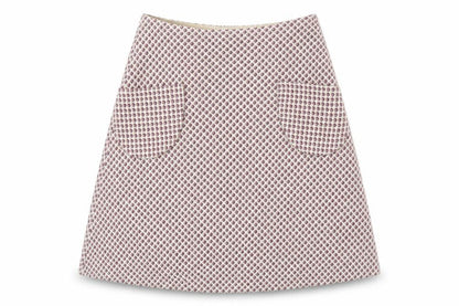 Front view of Emanuela women’s red geometric wool a-line set, size UK 12, zip