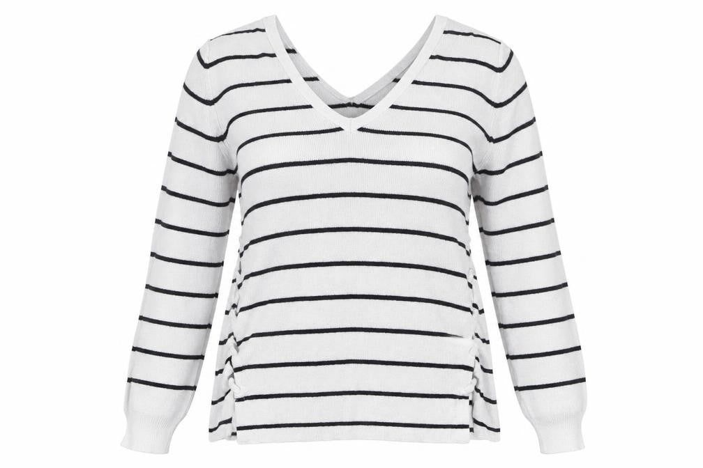 Front view of Miss Selfridge women’s white v-neck striped viscose jumper, size UK 6