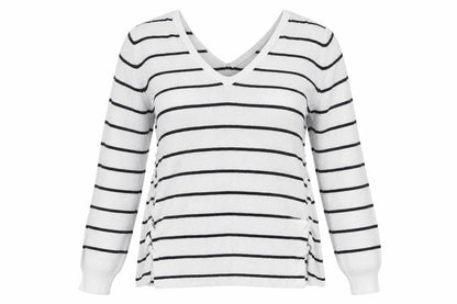 Front view of Miss Selfridge women’s white v-neck striped viscose jumper, size UK 6