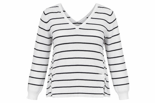 Front view of Miss Selfridge women’s white v-neck striped viscose jumper, size UK 6