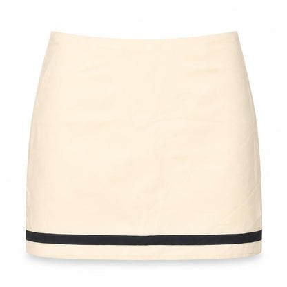Front view of Preworn women’s beige striped polyester mini skirt, size UK 29, in zip