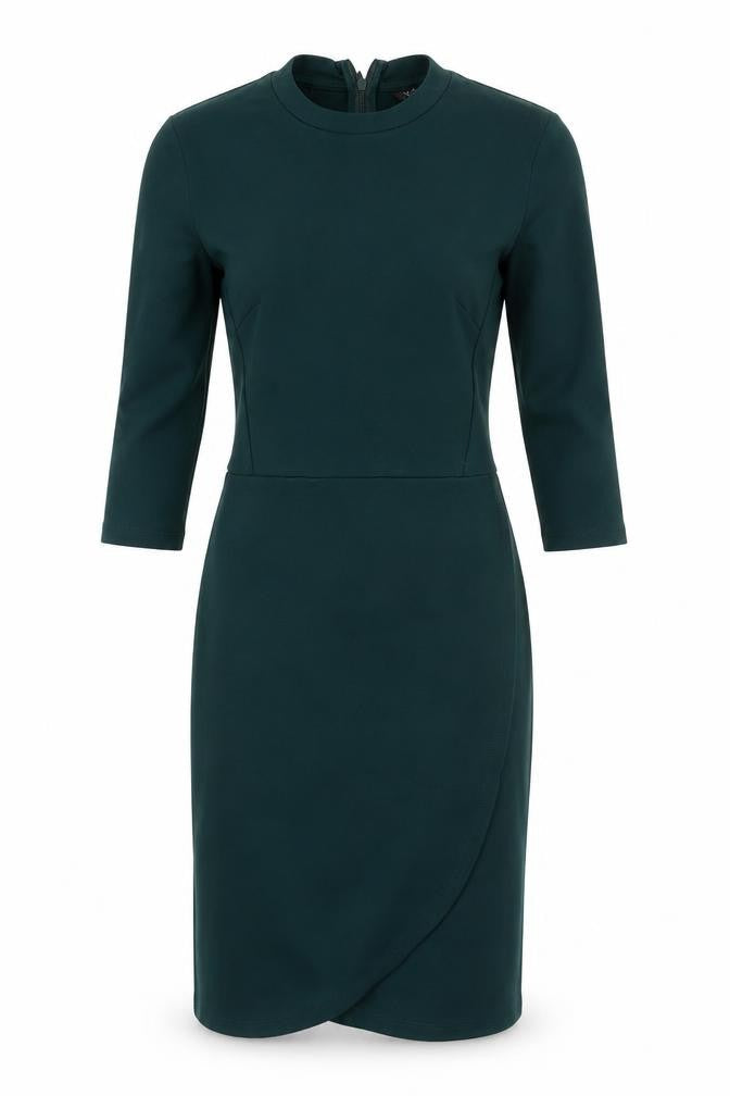 Front view of Topshop women’s green viscose pencil dress, size UK 4, crew neck zip