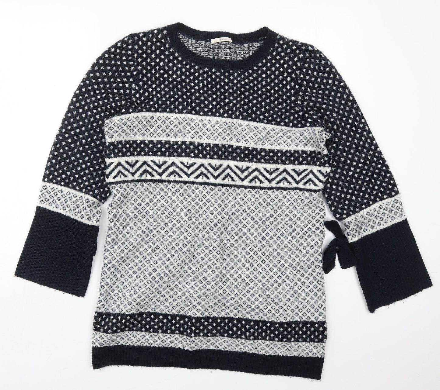 TU Womens Blue Crew Neck Geometric Acrylic Pullover Jumper Size 12