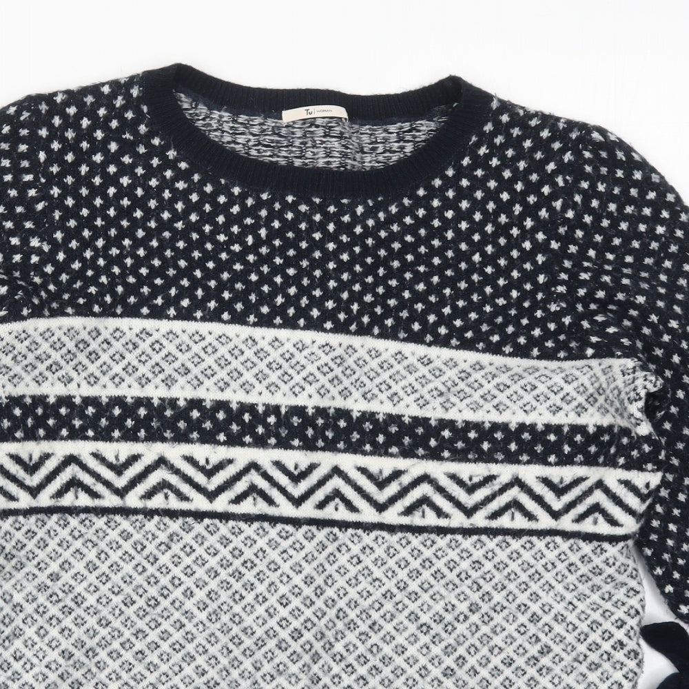 TU Womens Blue Crew Neck Geometric Acrylic Pullover Jumper Size 12