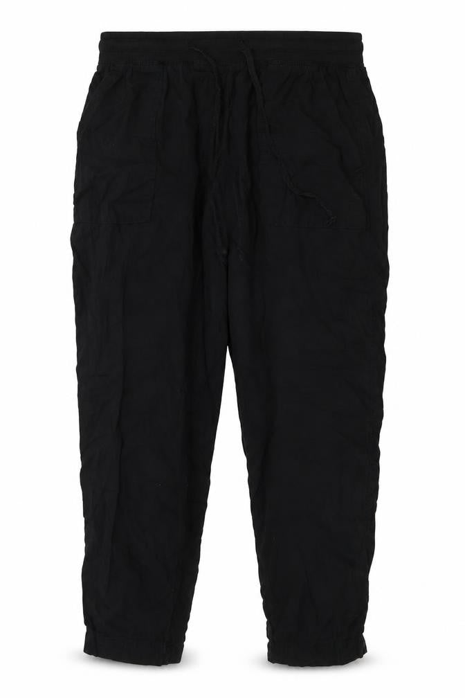 Front view of Marks & Spencer women’s black flax trousers, size UK 4, 25-inch leg regular tie