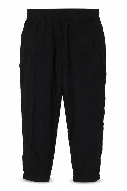 Front view of Marks & Spencer women’s black flax trousers, size UK 4, 25-inch leg regular tie