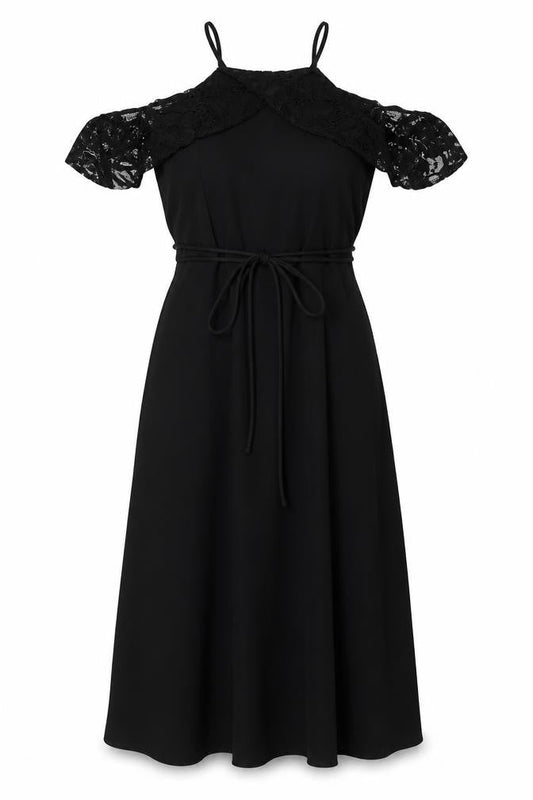 Front view of Julian Taylor women’s black cotton fit & flare, size UK 8, halter zip - cold shoudler