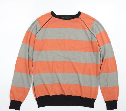 Lime Mens Orange Crew Neck Striped Cotton Pullover Jumper Size L   - Colourblock