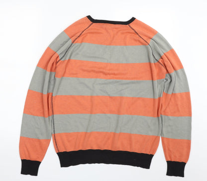 Lime Mens Orange Crew Neck Striped Cotton Pullover Jumper Size L   - Colourblock