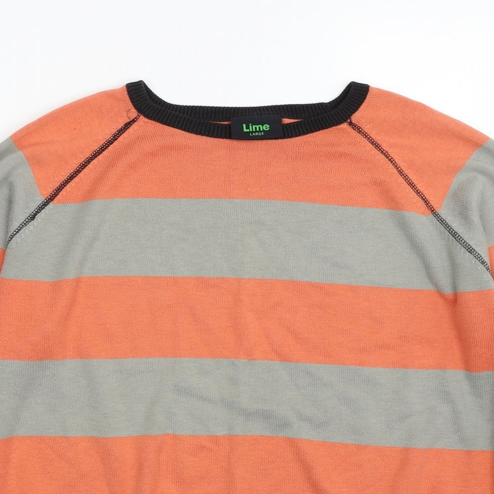 Lime Mens Orange Crew Neck Striped Cotton Pullover Jumper Size L   - Colourblock