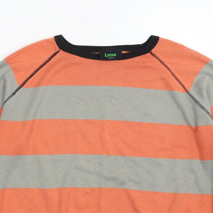 Lime Mens Orange Crew Neck Striped Cotton Pullover Jumper Size L   - Colourblock