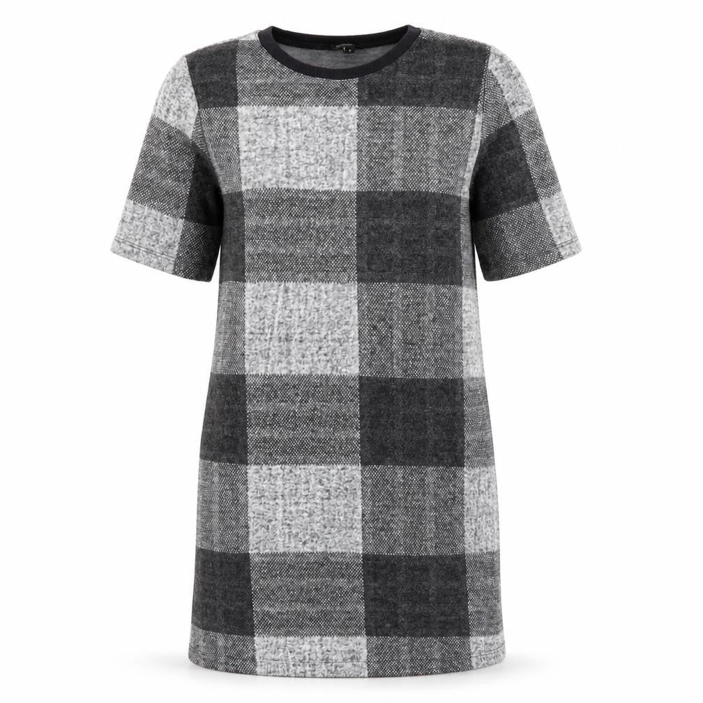 Front view of River Island women’s grey check polyester jumper dress, size UK 8, crew neck