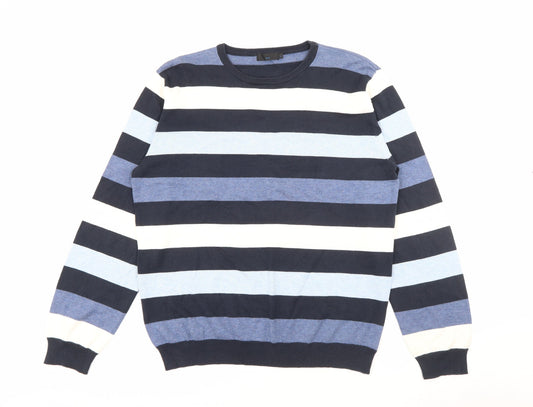 New Look Mens Blue Crew Neck Striped Cotton Pullover Jumper Size L