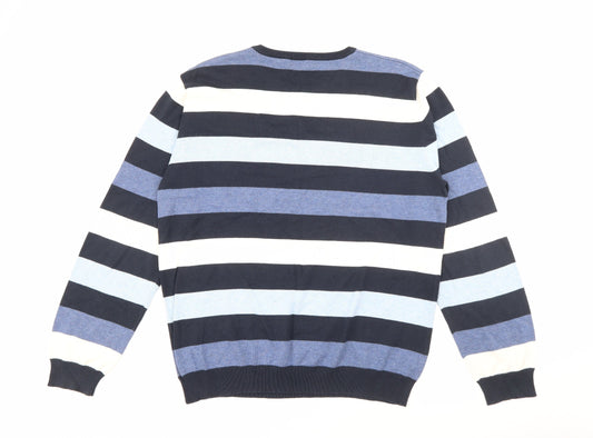 New Look Mens Blue Crew Neck Striped Cotton Pullover Jumper Size L