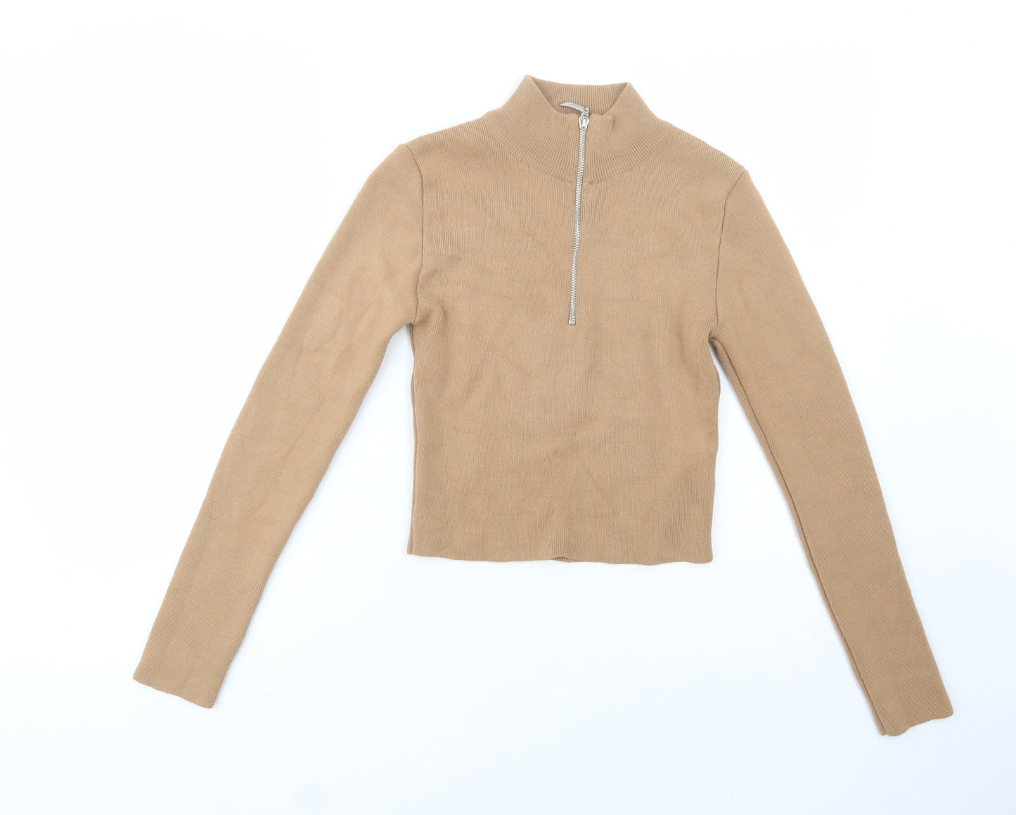 Boohoo Womens Beige Mock Neck  Acrylic Pullover Jumper Size S