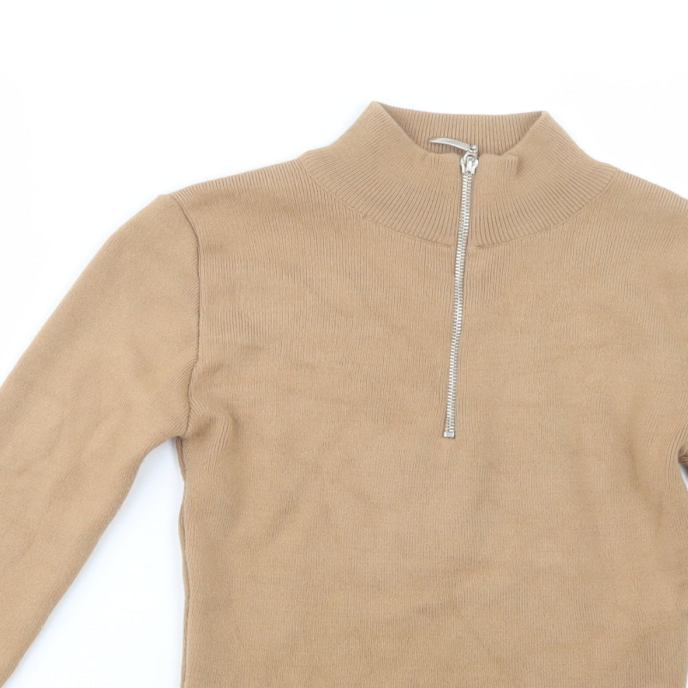 Boohoo Womens Beige Mock Neck  Acrylic Pullover Jumper Size S