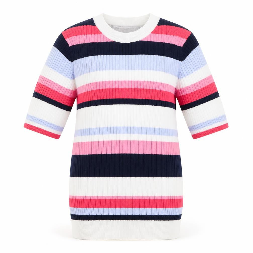 Front view of Marks & Spencer women’s pink crew neck striped viscose jumper, size UK 10