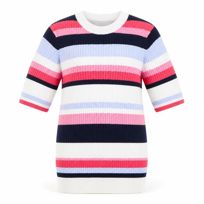 Front view of Marks & Spencer women’s pink crew neck striped viscose jumper, size UK 10