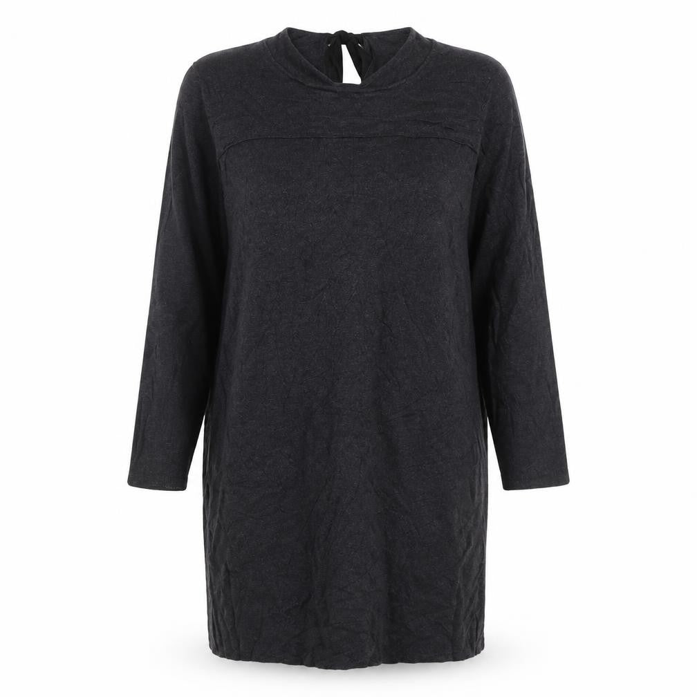 Front view of Monsoon women’s grey acrylic jumper dress, size UK 12, roll neck tie