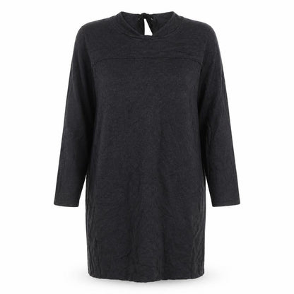 Front view of Monsoon women’s grey acrylic jumper dress, size UK 12, roll neck tie