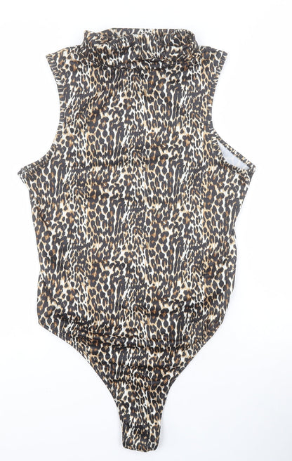 Primark Womens Brown Animal Print Polyester Bodysuit One-Piece Size M  Snap
