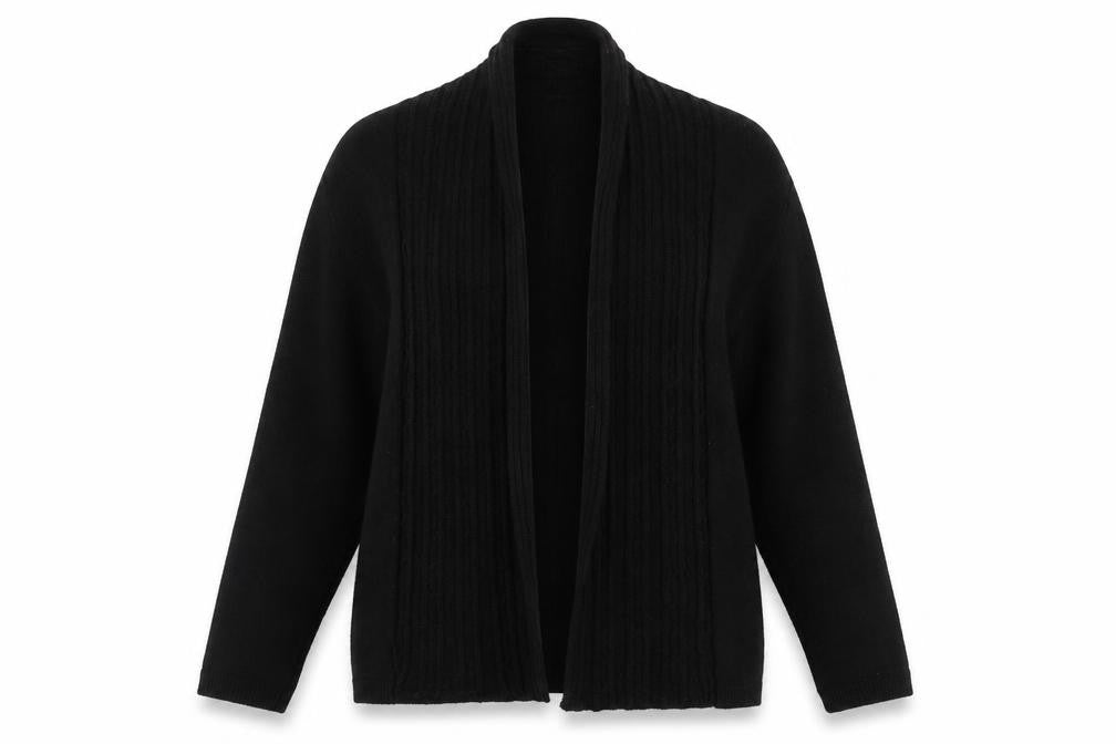 Front view of Ann Marie women’s black v-neck acrylic cardigan jumper, size S