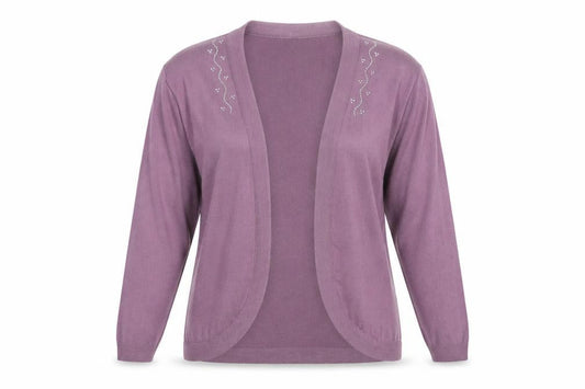 Front view of Afibel women’s purple v-neck acrylic cardigan jumper, size UK 14