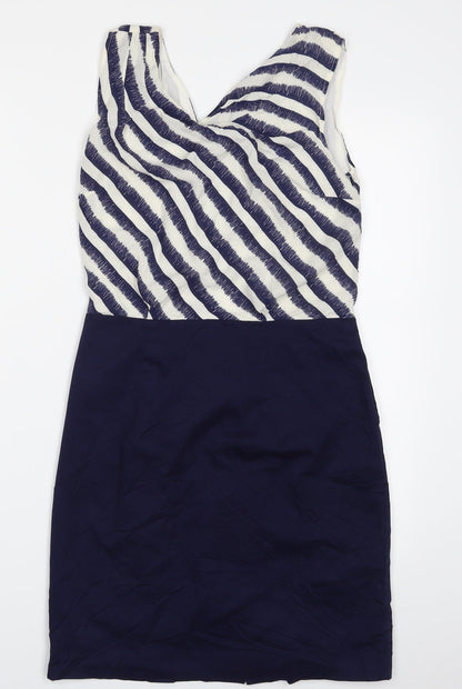 Warehouse Womens Blue Striped Viscose Shift  Size 10  V-Neck Zip