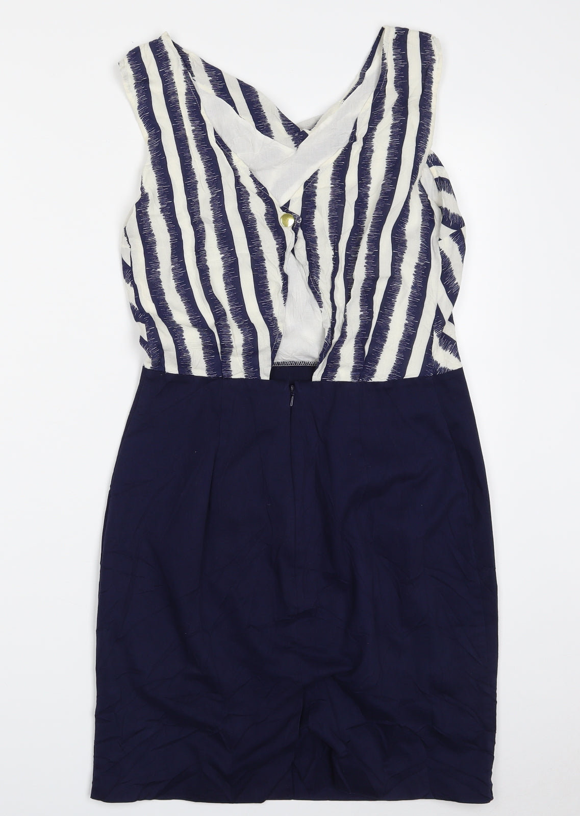 Warehouse Womens Blue Striped Viscose Shift  Size 10  V-Neck Zip