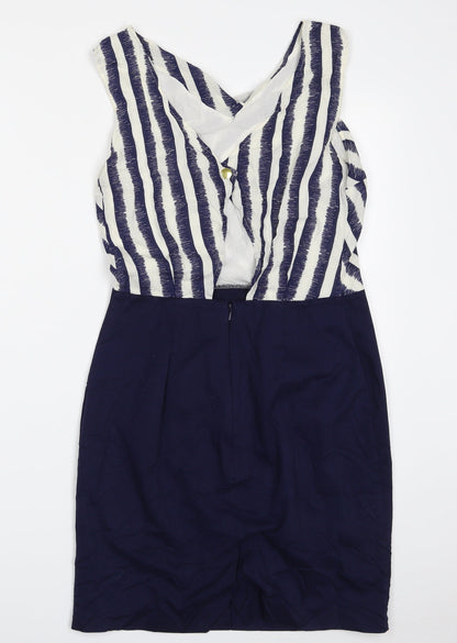 Warehouse Womens Blue Striped Viscose Shift  Size 10  V-Neck Zip