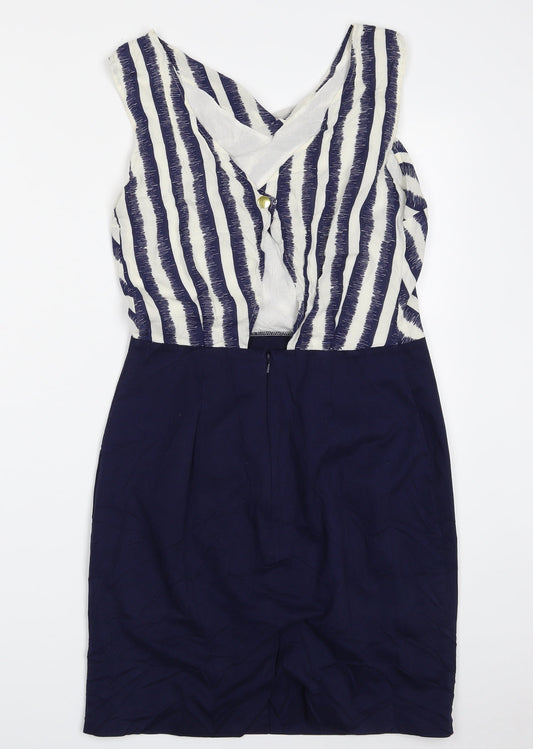 Warehouse Womens Blue Striped Viscose Shift  Size 10  V-Neck Zip
