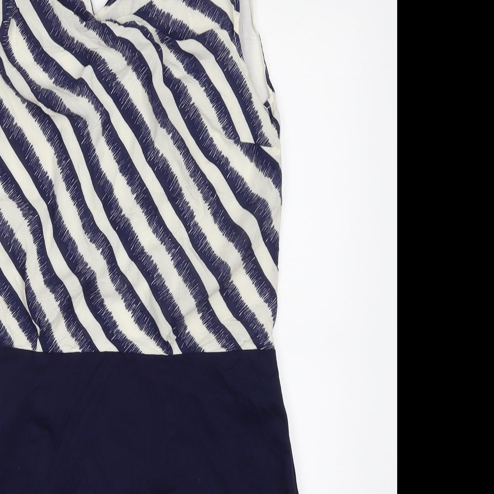 Warehouse Womens Blue Striped Viscose Shift  Size 10  V-Neck Zip