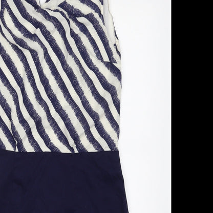 Warehouse Womens Blue Striped Viscose Shift  Size 10  V-Neck Zip