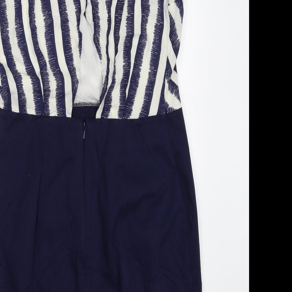 Warehouse Womens Blue Striped Viscose Shift  Size 10  V-Neck Zip