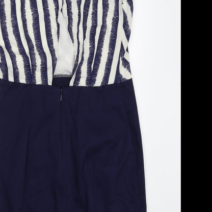 Warehouse Womens Blue Striped Viscose Shift  Size 10  V-Neck Zip