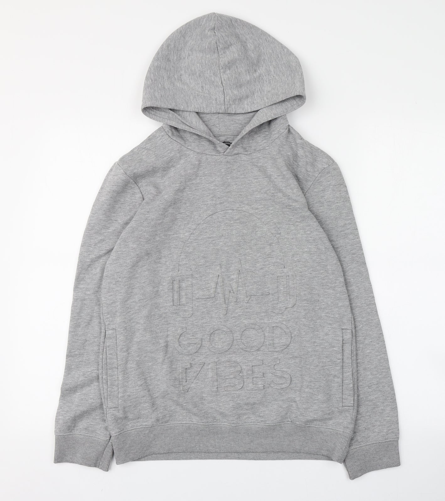Bluezoo Boys Grey  Cotton Pullover Hoodie Size 11-12 Years   - Raised 'Good vibes'