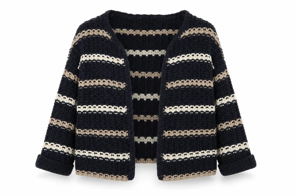 Front view of Dorothy Perkins women’s blue round neck striped acrylic cardigan jumper, size L