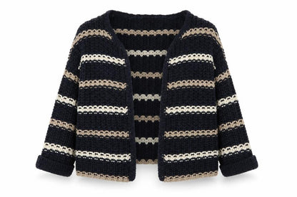 Front view of Dorothy Perkins women’s blue round neck striped acrylic cardigan jumper, size L