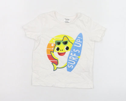 F&F Boys White  Cotton Basic T-Shirt Size 6-9 Months Round Neck Pullover - Baby Shark