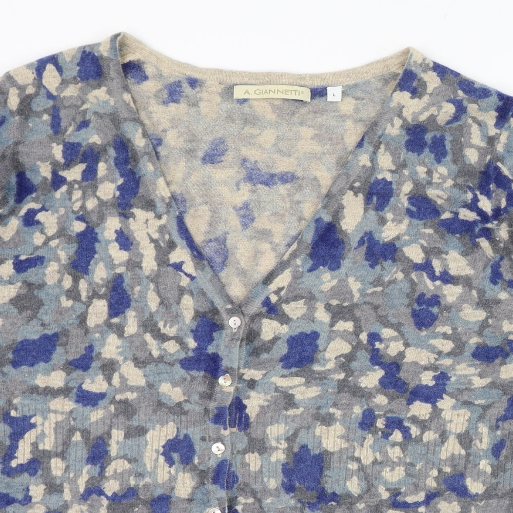 A. Giannetti Womens Blue V-Neck Animal Print Nylon Cardigan Jumper Size L