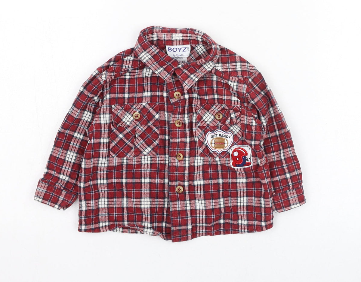 Additional front view of Nanette boys’ red check cotton basic button-up, size 18-24, months collared button