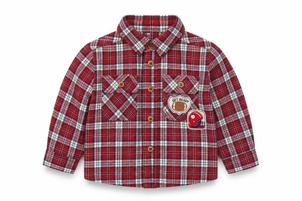 Front view of Nanette boys’ red check cotton basic button-up, size 18-24, months collared button