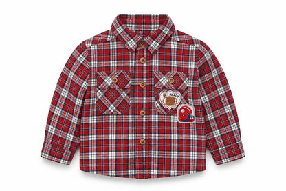 Front view of Nanette boys’ red check cotton basic button-up, size 18-24, months collared button