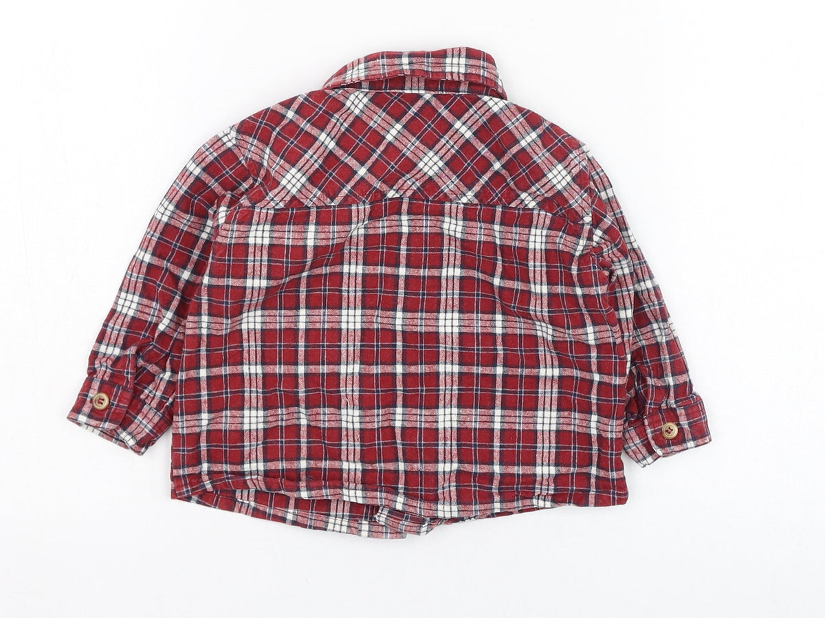 Back view of Nanette boys’ red check cotton basic button-up, size 18-24, months collared button