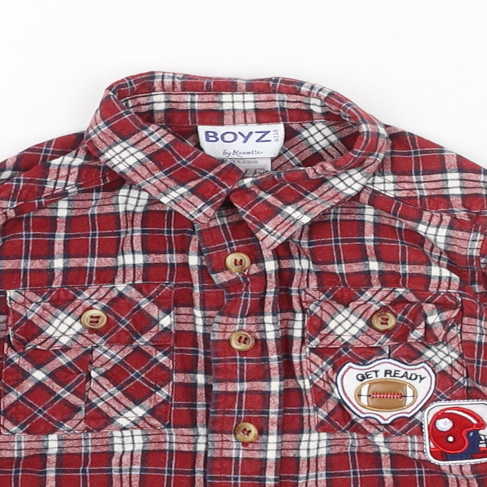 Close-up detail of Nanette boys’ red check cotton basic button-up, size 18-24, months collared button