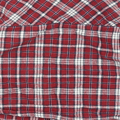 Brand and care label for Nanette boys’ red check cotton basic button-up, size 18-24, months collared button