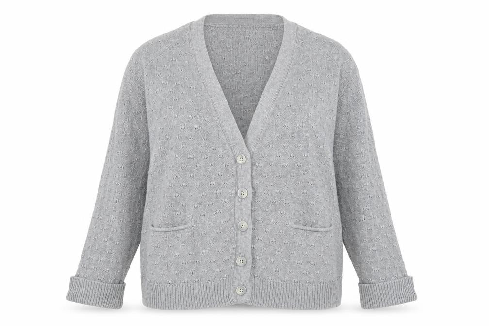 Front view of Topshop women’s grey v-neck cotton cardigan jumper, size UK 10