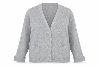 Front view of Topshop women’s grey v-neck cotton cardigan jumper, size UK 10